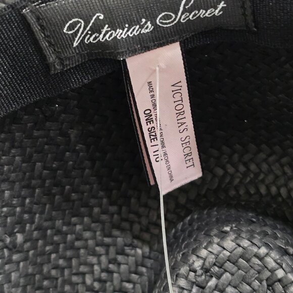 Victoria’s Secret ✦ Black Woven Straw Hat ✦ Fringe Brim w/ Floral Accents OS NWT